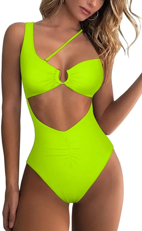 Damen One Shoulder Cutout Gerüschter Rücken High Cut Monokini Einteiler Badeanzug, Neon Grün, XL