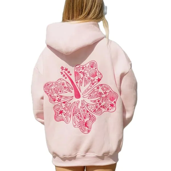 [LCS] Stor rød Palm Puff hettegenser med langermet bokstavtrykk for damer - Uformell, snøring, preppy, grafisk hettegenser for tenåringsjenter rosa 