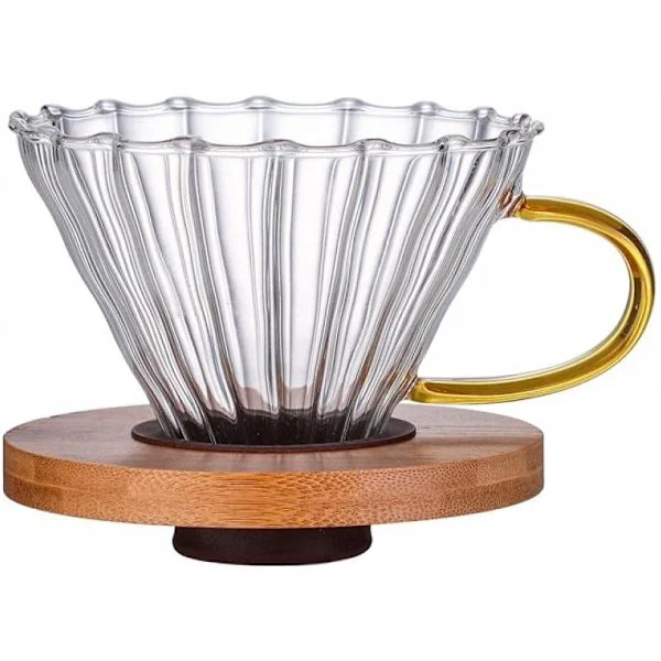 Kaffefilter i glass med gjenger for "pour over", kaffetrakter med valnøttpute -
