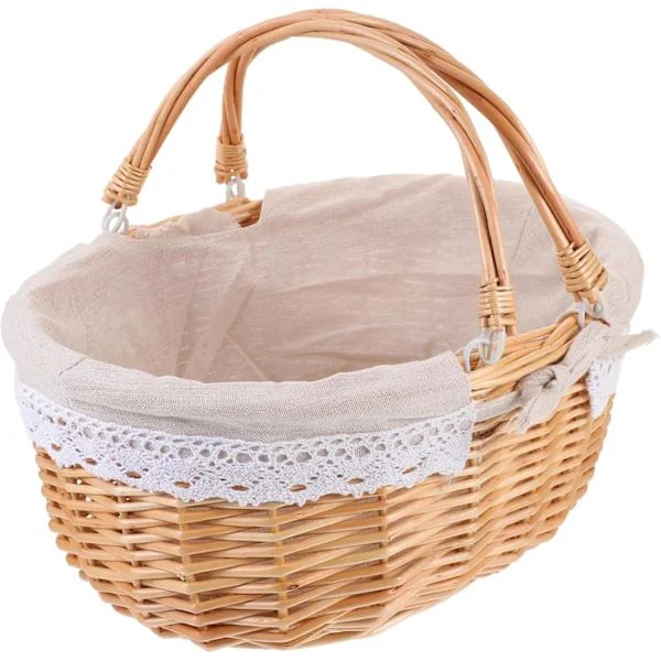 Rattan Woven Storage Basket Picnic Basket Lining Handmade Fruit Storage Basket for Home Decor