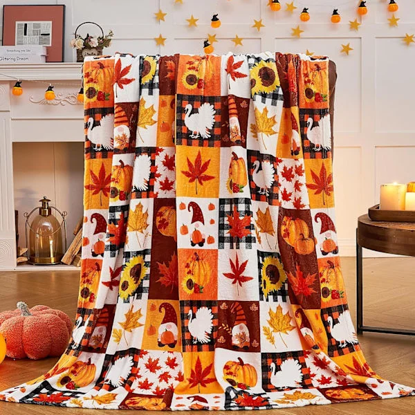 Autumn Blanket, Pumpkin Leaf Autumn Throw Blanket for Sofa Bed, Orange Plaid Blanket for Autumn, (50”x60”)