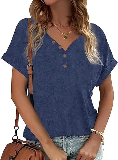 Dam T-shirts V-ringad Knappslå Toppar Casual Sommar Kortärmade T-shirts Lös Passform Toppar Blusar