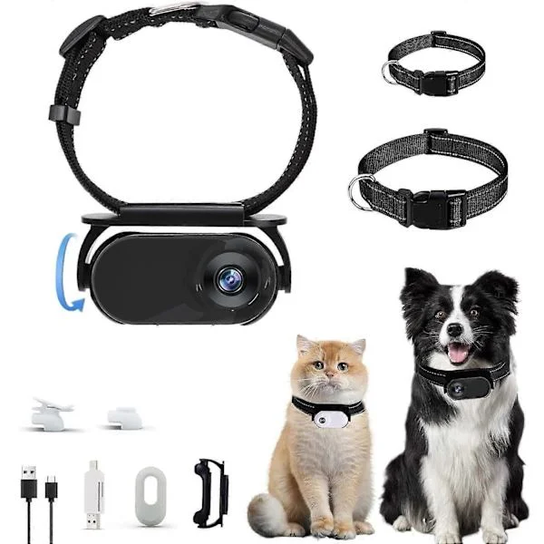 1080P Kattkamerahalsband, Katt Hundhalsband Videokamera, 360 Roterande HD Trådlös Kattvideoinspelning Mini Actionkamera Svart