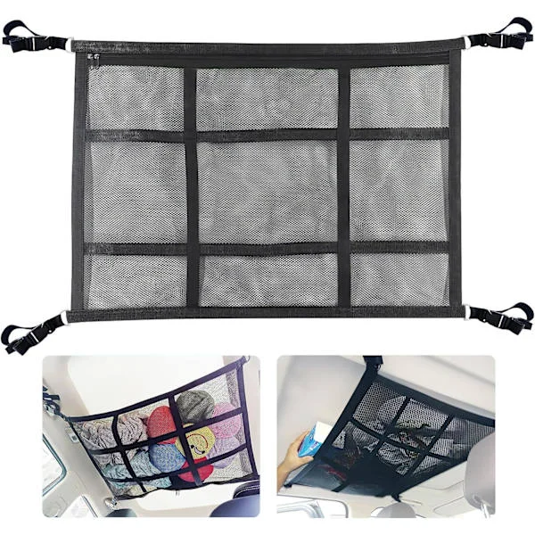 Lastenett, Oppbevaringsløsninger for varebiler, 90*65 cm, Dobbeltlags Mesh Bilbagasjeorganisator, Lastenett med Stor Kapasitet for