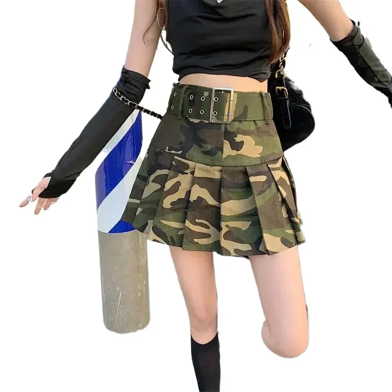AliExpress - Preppy Style Damen Kurzer Jeansrock Camouflage Denim Plissee Miniröcke Gürtel Tanz Mädchen Hohe Taille A-Linie Kleider Cosplay
