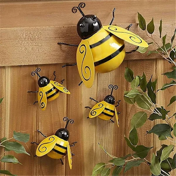 Bumble Bee Trädgårdsdekorationer i Metall Väggkonst Bi 3D Skulptur Trädgårdsprydnader Utomhus Gräsmatta/Bar/Sovrum/Vardagsrum/Butik Väggdekoration 
