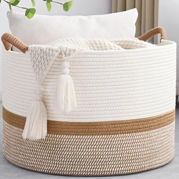 Stor opbevaringskurv – bomuldsrebkurv med håndtag til børneværelse, legetøj og vasketøj_TF_TF Beige 40x30cm