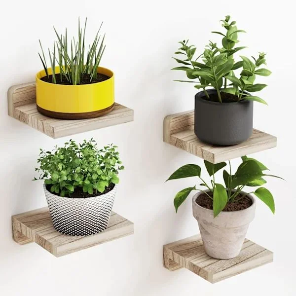 Small Floating Wall Shelves 4-Pack 13 × 13 cm – Rustic Wood Shelves for Bedroom, Living Room, Kitchen, and Bathroom Beige Brown