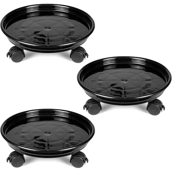 3-pack Plant Caddy - 30 cm Plastic Plant Pot Trolley Stand with Universal Wheels, Heavy Duty for Home, Garden, Office - Black