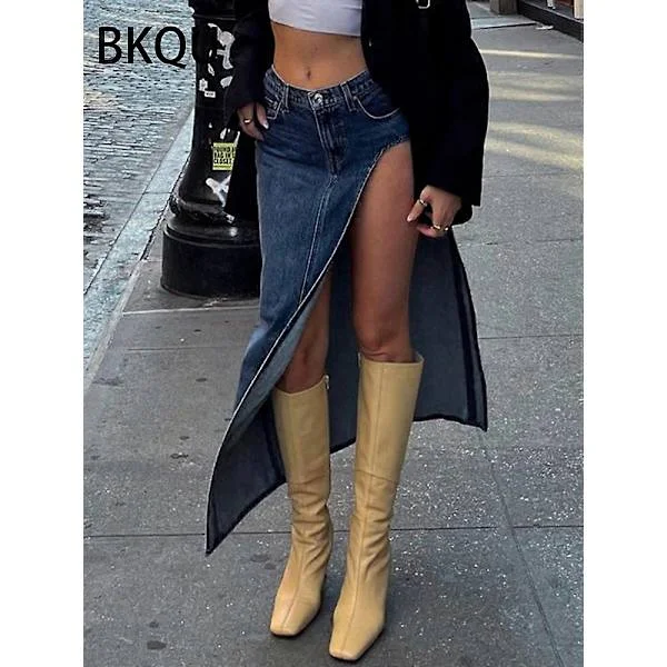 BKQU Dame Midi Denim Nederdel 2023 Sommer Sideslids Høj Talje Kontordame Lang Cowboy Nederdel Koreansk Lige A-formet Blyantskørt