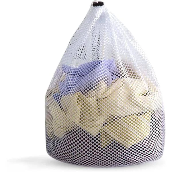 Pyykkipussi, pyykkipussi kiristysnyörillä, pyykinpesukone, uudelleenkäytettävä karkea verkkokassi, likaiset vaatteet, vauvanvaatteet, sukat (valkoinen