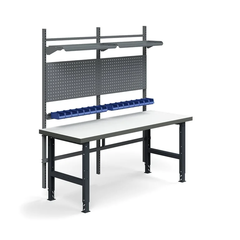 Komplett arbeidsbord, verktøytavler, plastbakker, hyller, L2000 B760 mm, høytrykkslaminat