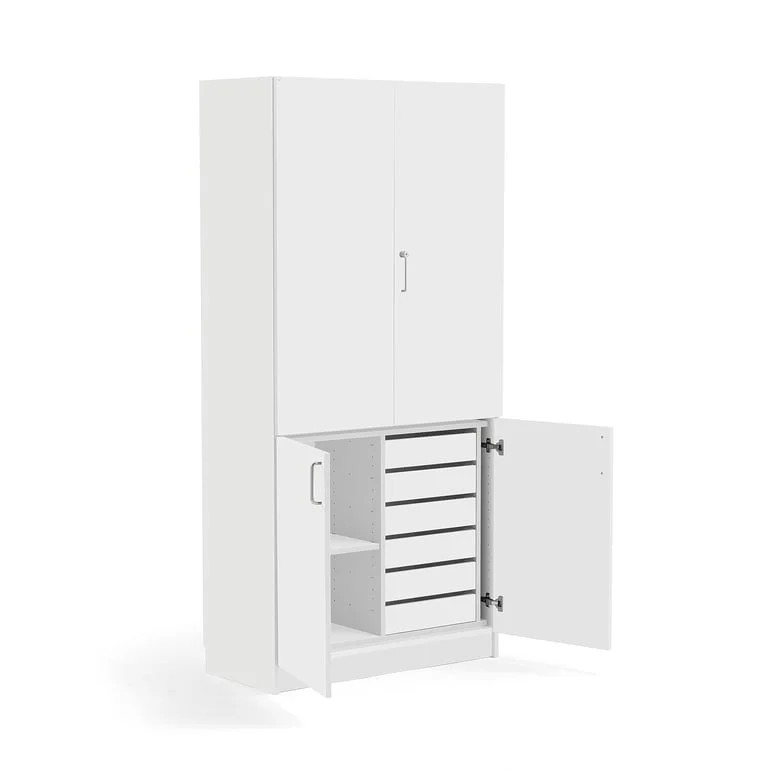 High wooden storage cabinet THEO, 1 shelf, 6 drawers, white
