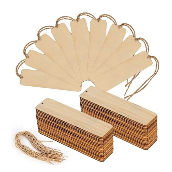 50 Pieces Blank Wooden Bookmarks, Unfinished Wood Bookmarks, Hanging Tags with Hole and Rope for DIY Projects