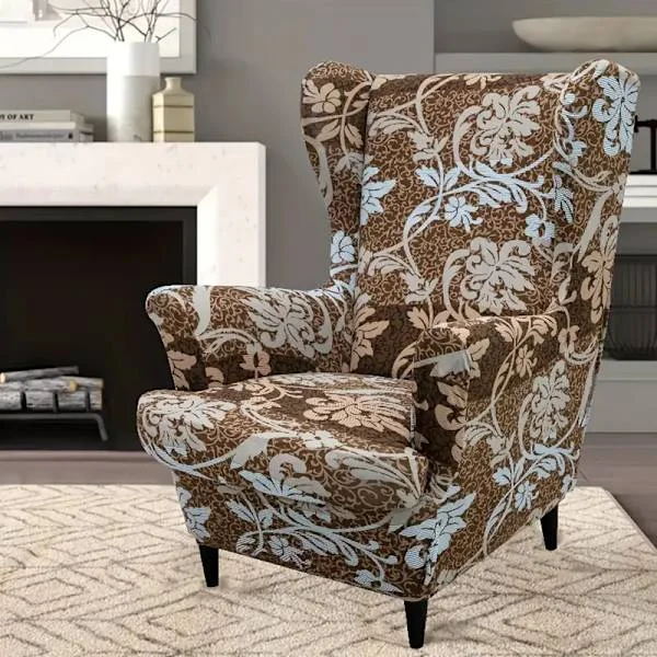 [RM] 2-piece set Milk Elastic Green Leaf Wingback Chair Cover Set, Classic Style Furniture Protector For Home & Office, Machine Washable
