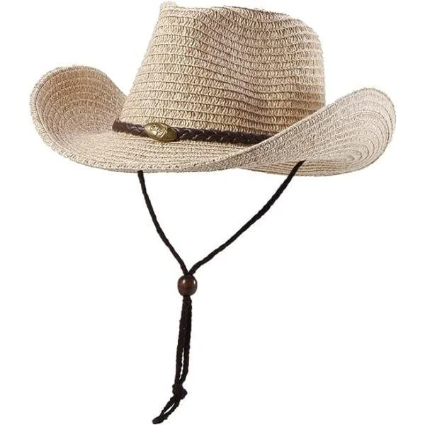 Western Cowboy Hat (with Rope) for Women and Men, Foldable Summer Straw Sun Hat with Wide Brim, Beige_tfrf
