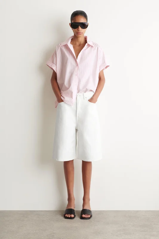 COS Women's Camisa De Rayas De Manga Corta De Algodón in Rosa