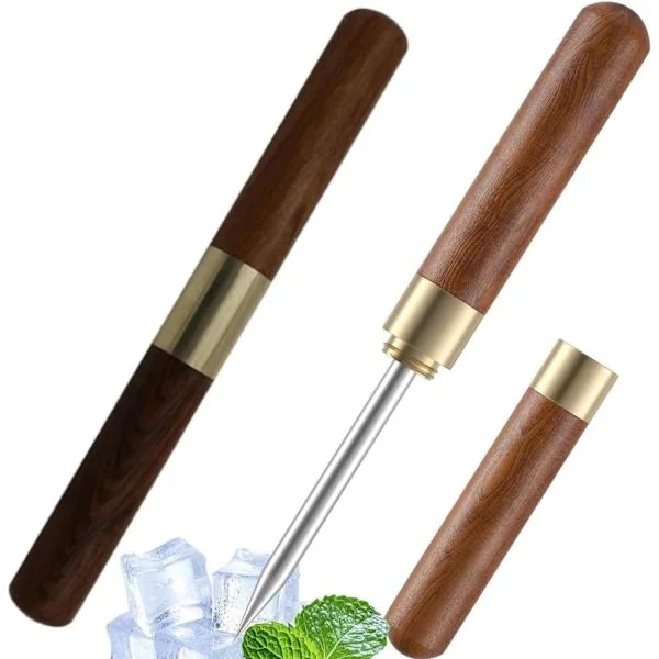To ishakker i rustfritt stål med sikkerhetshetter og sklisikre trehåndtak for enkelt grep; egnet for kjøkken, barer, bartendere, piknik, camping, a