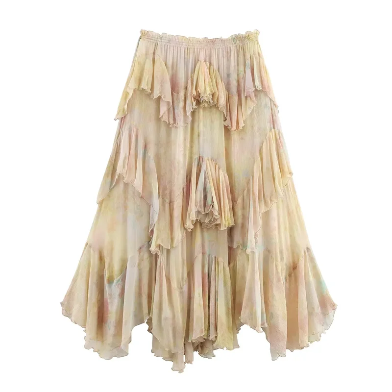AliExpress - Franse stijl bloemenkant A-lijn rok lente herfst dames nieuwe stijl rok met ruches bedrukte halve lengte rok polyestervezel