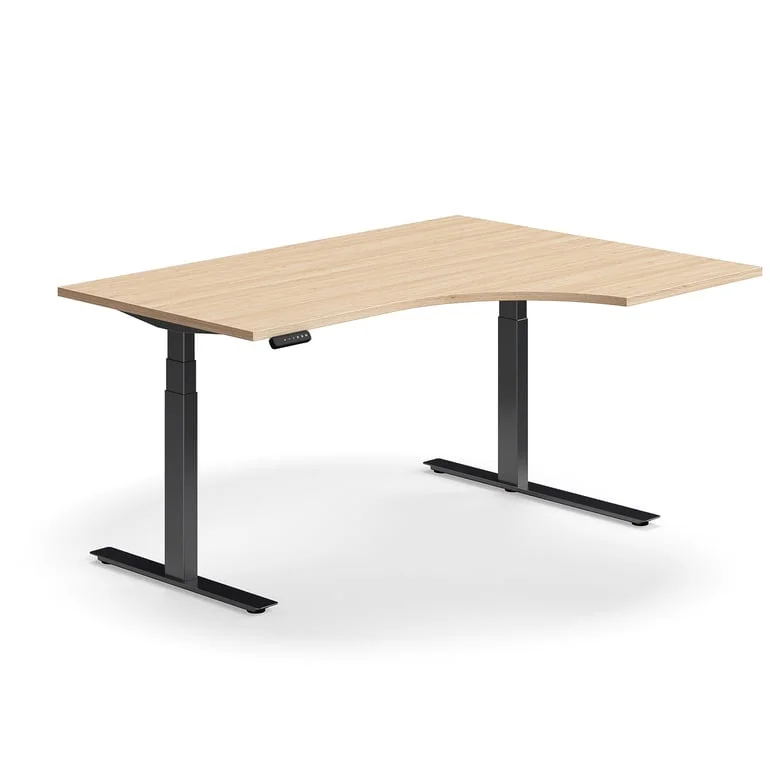 QBUS Hjørneskrivebord Hev/Senk, 160x120 cm, Svart/Eik - Elektrisk Justerbart Kontorbord - AJ Produkter