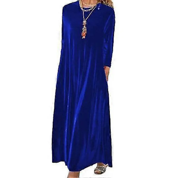 Autumn Spring Women's Dress Round Neck Loose Solid Color Long Sleeve Sweater Soft Warm Casual Ankle Length Maxi Dress blue