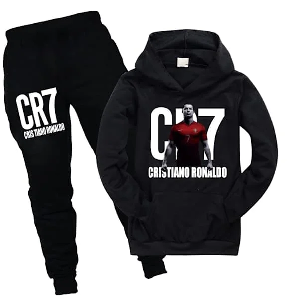 CR7 Ronaldo Träningsoverall Pojke Fotboll Hoodie Tröja Toppar+Byxor Kläder Svart 140cm 140cm-FY- 140cm Svart