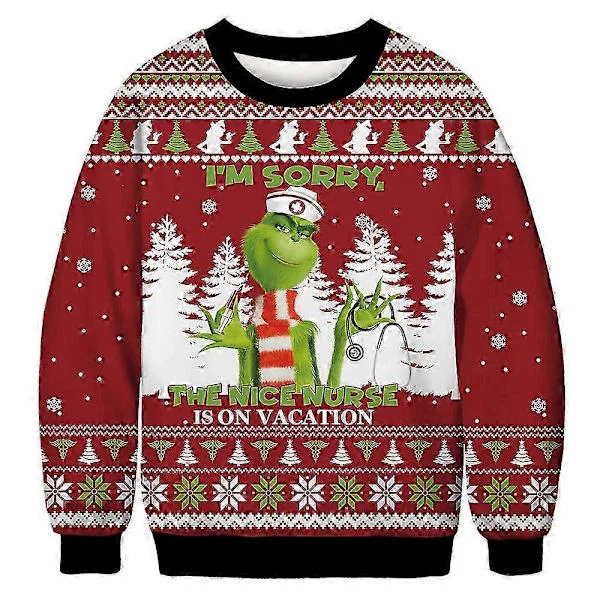 Dam Herr Par Jul Ful Jumper Tröja Grinch Tryck Rund Hals Pullover Tröja Långärmad Grön Monster