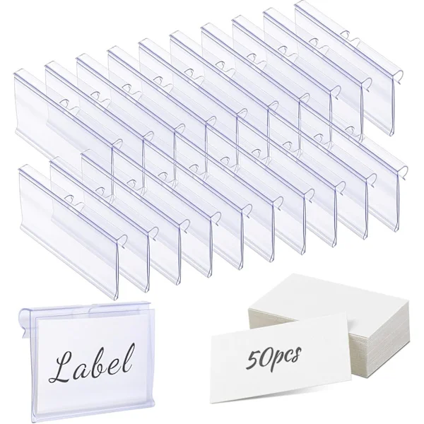 50 stk. gjennomsiktige etikettholdere i plast for trådhyller, prislapper, kurvetiketter, klips på etiketter, varevisningsholdere for supermarked