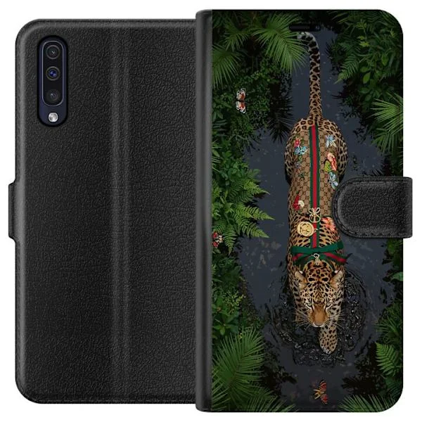 Kompatibelt Plånboksfodral till Samsung Galaxy A50 Detaljerad leopard i tropisk djungel med gröna blad och exklusiva mönster
