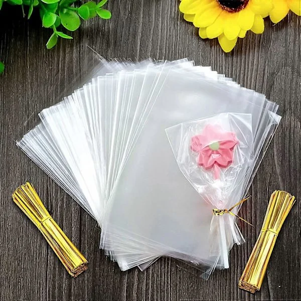 Zhenle 300 st Klar Cellofanpåsar 8 x 12 cm Kekspåsar Godispåsar Klar OPP-påsar med 300 Gyllene Vridband Små Plast Cellofanpåsar