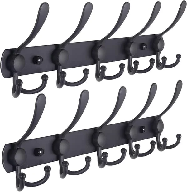 Wall Mounted Coat Rack - 5 Tri-Hooks, Sturdy, Metallic Coat Hanger for Coat, Hat, Towel, Bag, Robes, Mudroom, Bathroom, Entryway (Black, 2-Pack)