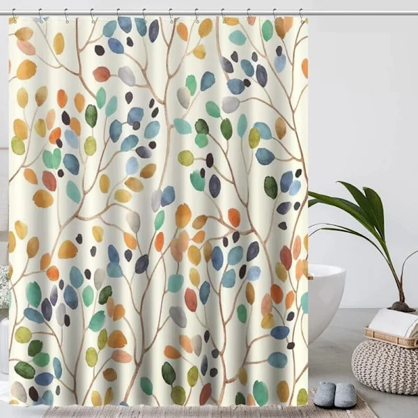 Anti-mold Shower Curtain 180x200 cm, Beige Botanical Pattern with 12 Hooks, Machine Washable Bathroom Curtain