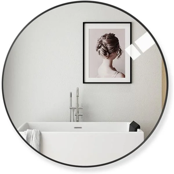 50 cm stort moderne rundt speil, svart børstet ramme, veggspeil, metallinnrammet HD-glass veggspeil for sminke, bad, stue
