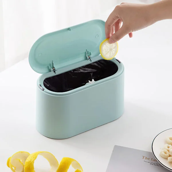 Mini søppelbøtte med lokk, avtakbar liten søppelbøtte, liten søppelbøtte i plast, pop-up benkeplate søppelbøtte, benkeplate søppelbøtte, blå