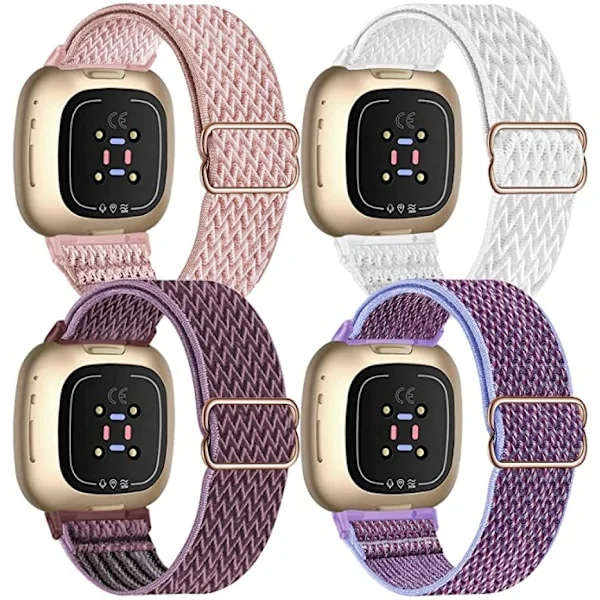 4-delt elastisk nylon kompatibel med Fitbit versa 3 / Fitbit sense, justerbar elastisk stoff smartklokke reim (Rose Pink/Hvit/Smokey【GKS】