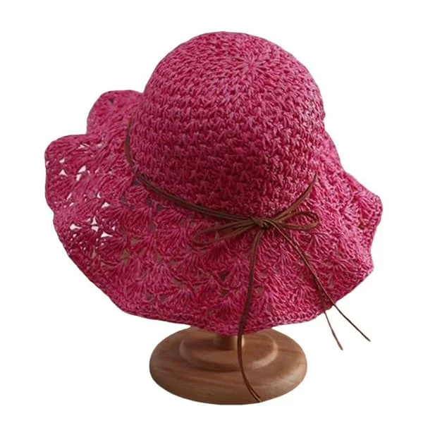 Women's Sun Hat Wide Brim Foldable Beach Hat with Wavy Edge, UV Protected Handmade Design, for Beach, Summer and Holiday Use, with Tie Band and 