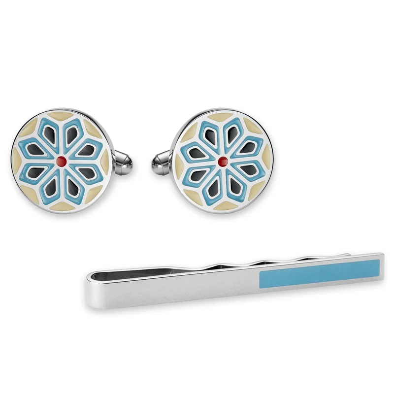 Silver-Tone and Blue Geometric Tie Bar and Cufflinks Set for Men - Tie clips & cufflinks sets
