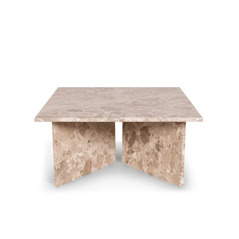 Firkantet Vega Sofabord i Latte Marmor, 90x90x42cm, Solidt Marmor Sofabord med Eksklusiv Lattebrun Farve & Autentisk Mønster