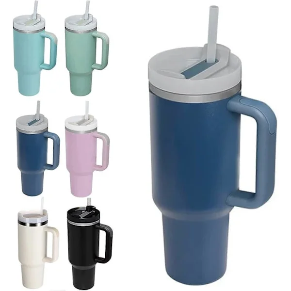 40 oz Tumbler med Handtag och Sugrörslock Isolerad Återanvändbar Rostfri Vattenflaska Resemugg Iskaffekopp Resemugg för Varmt och Kallt (Blå)