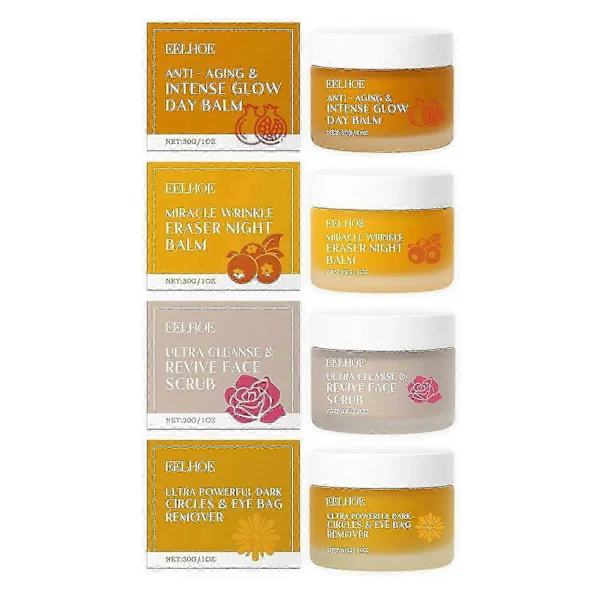 Økologisk hudplejesæt til modne kvinder - Rose Revive Ansigtspeeling, Anti-aging & Intens Glød Dagbalsam, Anti-rynke Natbalsam
