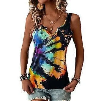 Dam Sommar Ärmlös Tanktoppar Blusar Lös Casual Tie-dye V-ringad Blus Skjorta Sexiga Tunika Toppar Orange M Orange M
