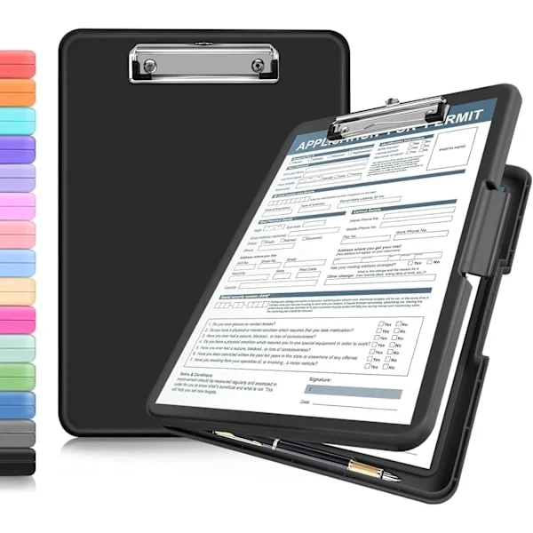 Skriveunderlag med opbevaringsfunktion, kraftig journalclips (foldbar), opbevaringsclipboard i plast med penneholder