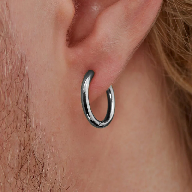 Silver-Tone Steel Hoop Earring for Men - Charm Hoop Earrings