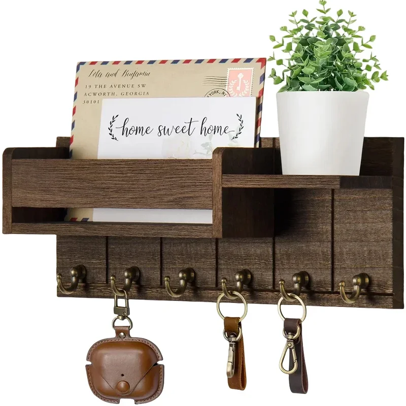 AliExpress - Rustikaler Schlüsselhalter aus Holz mit Regal, Wandmontage, dekorativer Schlüsselständer und Post-Organizer, 6 Schlüsselhaken für den 