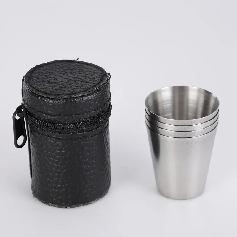 AliExpress - 4 Stücke 30 ml Edelstahl Schnapsgläser mit Ledertasche Outdoor Wanderausrüstung Stapelbarer Becher Camping-Sets Tragbarer Trinkbecher