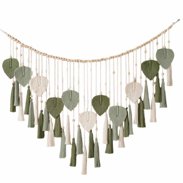 (SC)Handgjord Grön Tapet, Makramé Löv Väggbonad med Boho Design och Träpärlor, Vävd Väggkonst för Sovrum Vardagsrum, Naturligt Rep