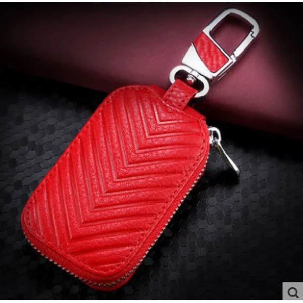 Genuine Leather Car Key Holder Case Smart Keychain Holder Pouch Remote Keychains Fob Bag Keyring Wallet Zipper Case (Red)