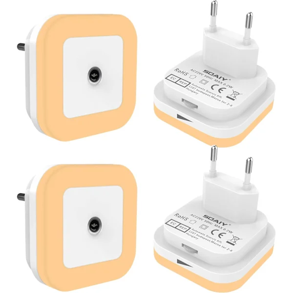 4 stk. automatiske LED-natlamper, skumringssensor natlampe, dæmpbar LED-lampe, stikkontakt natlampe, varm hvid