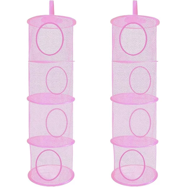 Hanging Net Storage, 2-pack Foldable Hanging Toy Storage, 4 Compartments Foldable Hanging Storage Basket Teddy Storage Net pink