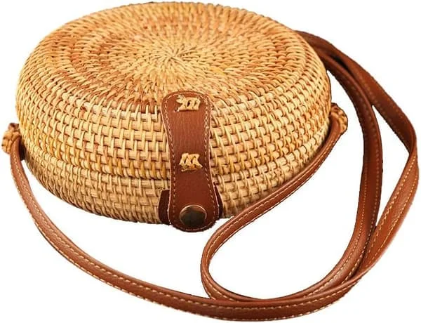 Small Round Rattan Bag Mini Circle Straw Bag Handmade Basket Hand-Woven Bag Summer Beach Bag Shoulder Bag for Women/Girls